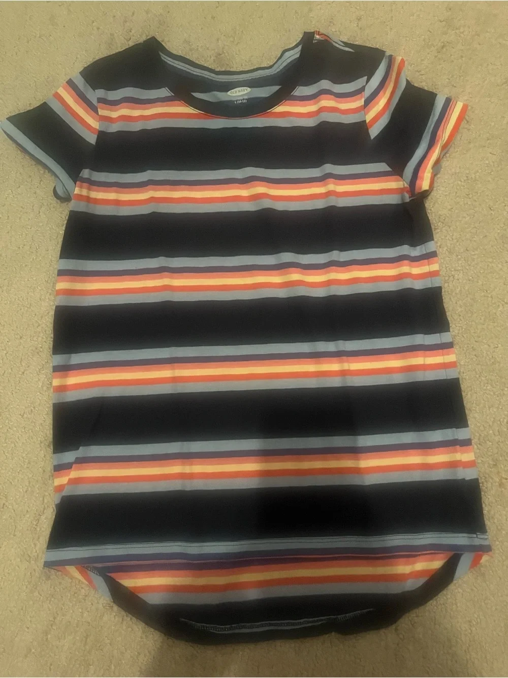 Old Navy Kids Striped Tee - Navy with Orange & Light Blue Size L (10-12)